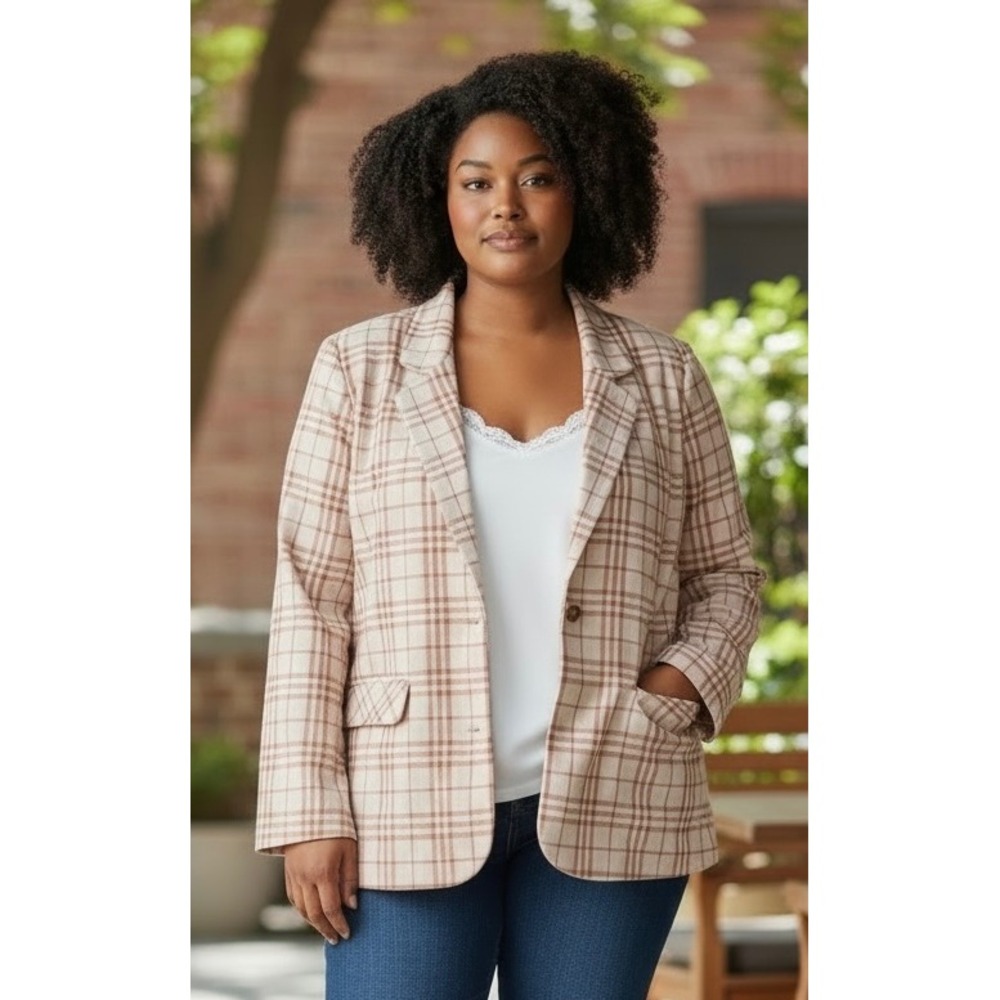 JODIFL Pink Plaid Blazer Women's 2X Size Lined Two Button Jacket B8914-PLUS-AVE